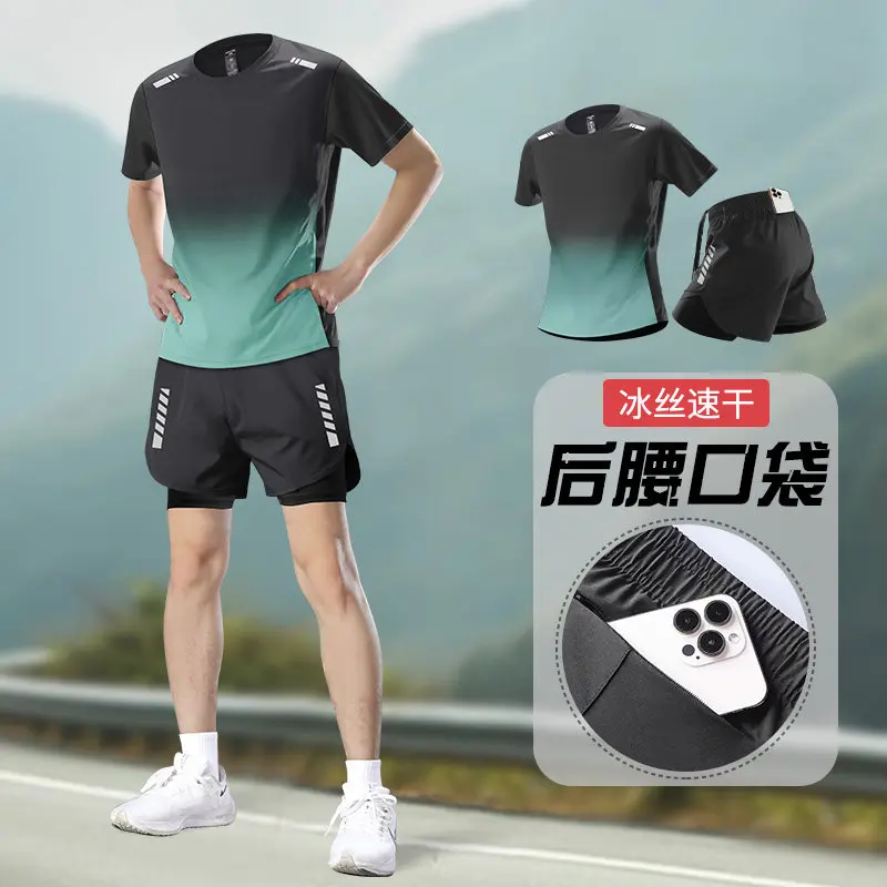 Running Gear For Your Phone - 夏用メンズランニングスーツ（スマホポケット付きショーツ）-プロマラソントレーニングギア、通気性速乾フィットネス用ワークアウトセット