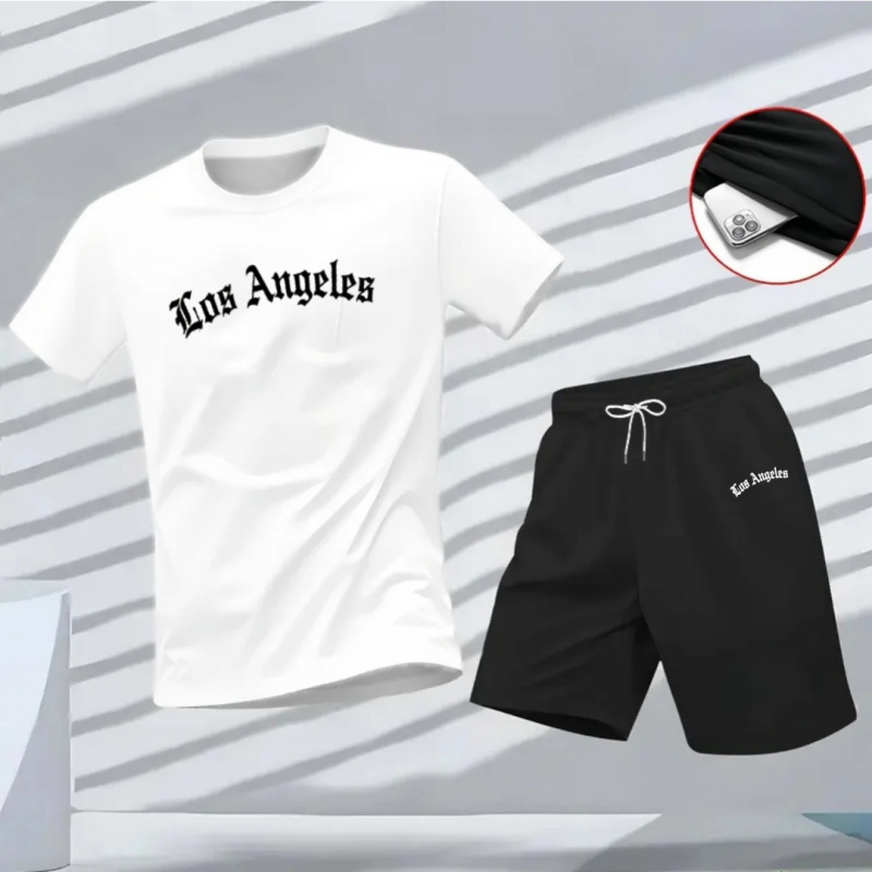 Running Gear Men - メンズ ロサンゼルス レタープリント セットアップ 2ピース Oネック半袖シャツ＆ショーツ