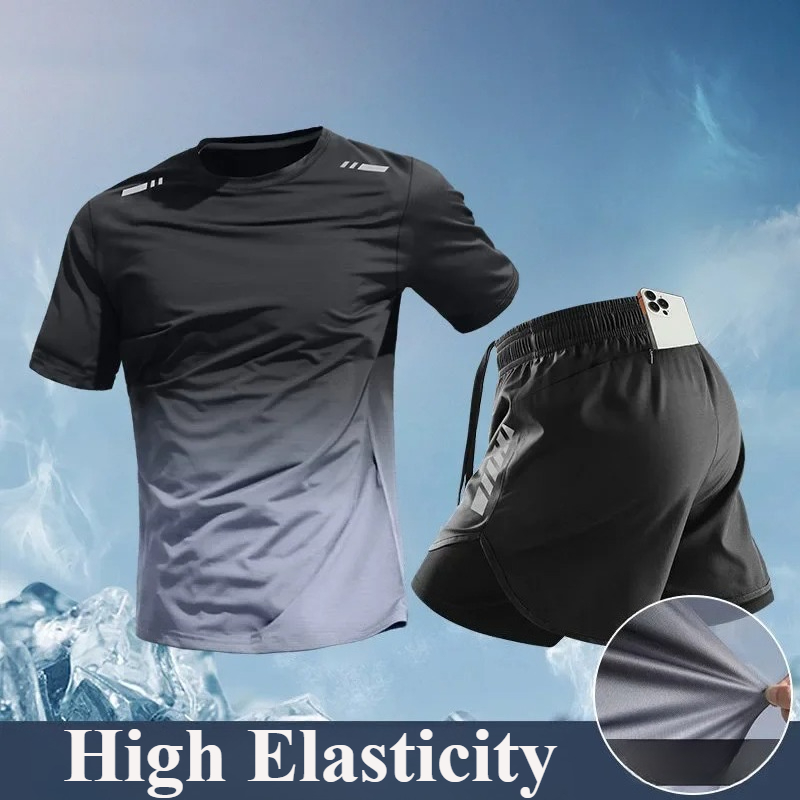 Running Gear For Your Phone - マラソンメンズ2ピースランニングセット：速乾性アイスシルクTシャツ＆スマホポケット付きジムショーツ – プロ仕様フィットネスワークアウトウェア