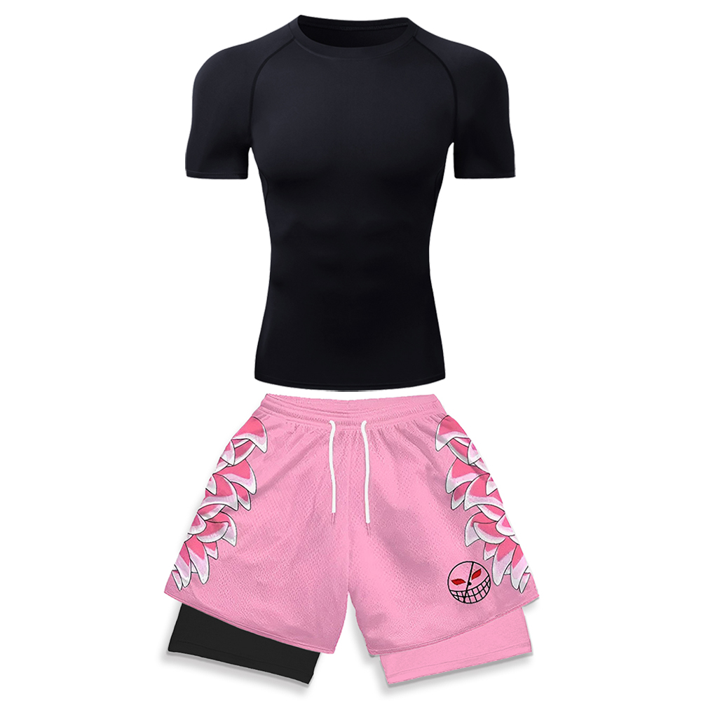 Running Gear Men - 高弾性ワークアウトウェア男性用ホワイトコンプレッションTシャツ＆ピンク3Dグラフィックプリントランニングショーツアニメジムジョギングウェア