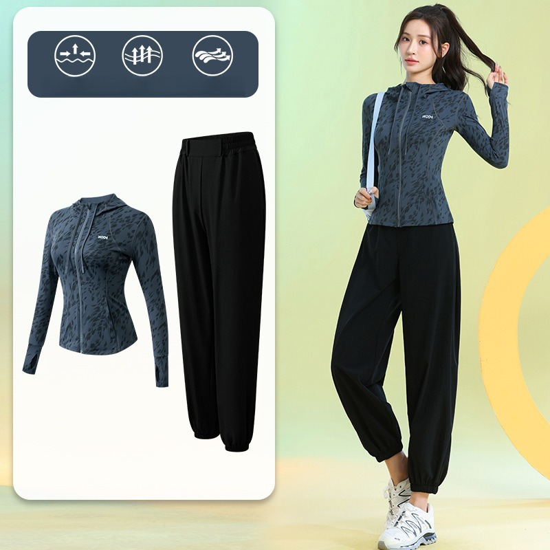 女性用ランニングスーツ長袖花柄ジップパーカージョガーパンツ速 - Running Gear For Women のレビューと価格